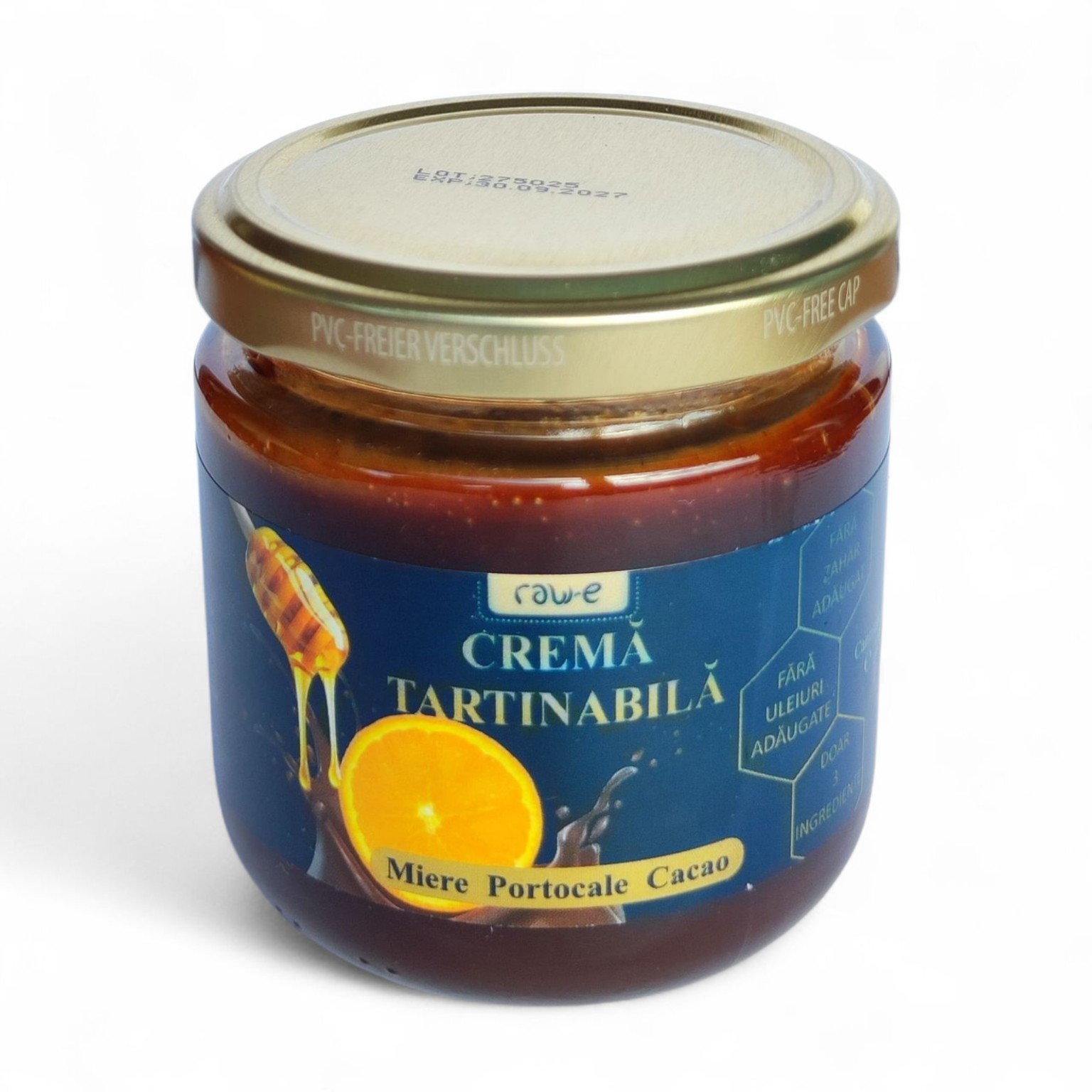 RAWE, cremă tartinabilă cu miere, portocale și cacao, borcan de 220 g